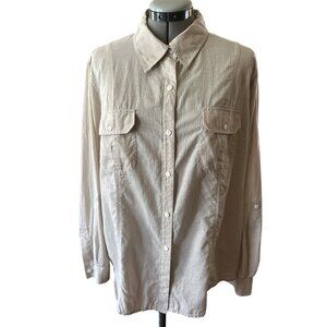 Chicos Beige Striped Button-Up Shirt Womens Size 3 100% Cotton Long Sleeve Top